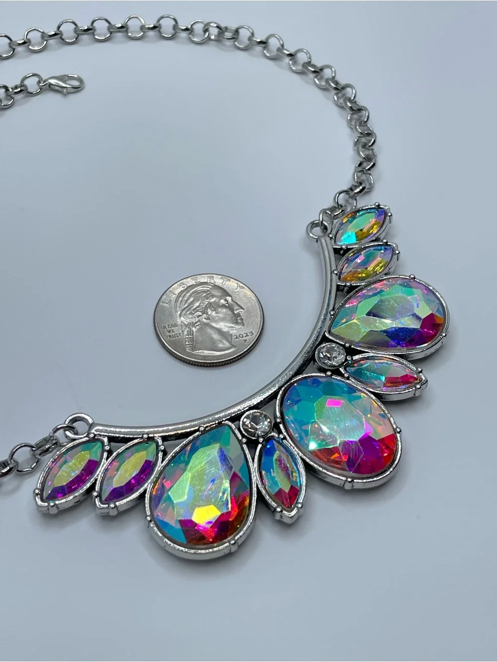 Silver AB Crystal Statement Bib Necklace Iridescent Glam Bold